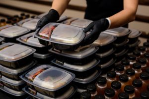 Black bottom takeout food containers being stacked 