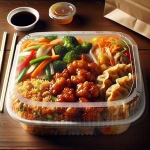 hot Chinese food in a plastic container 